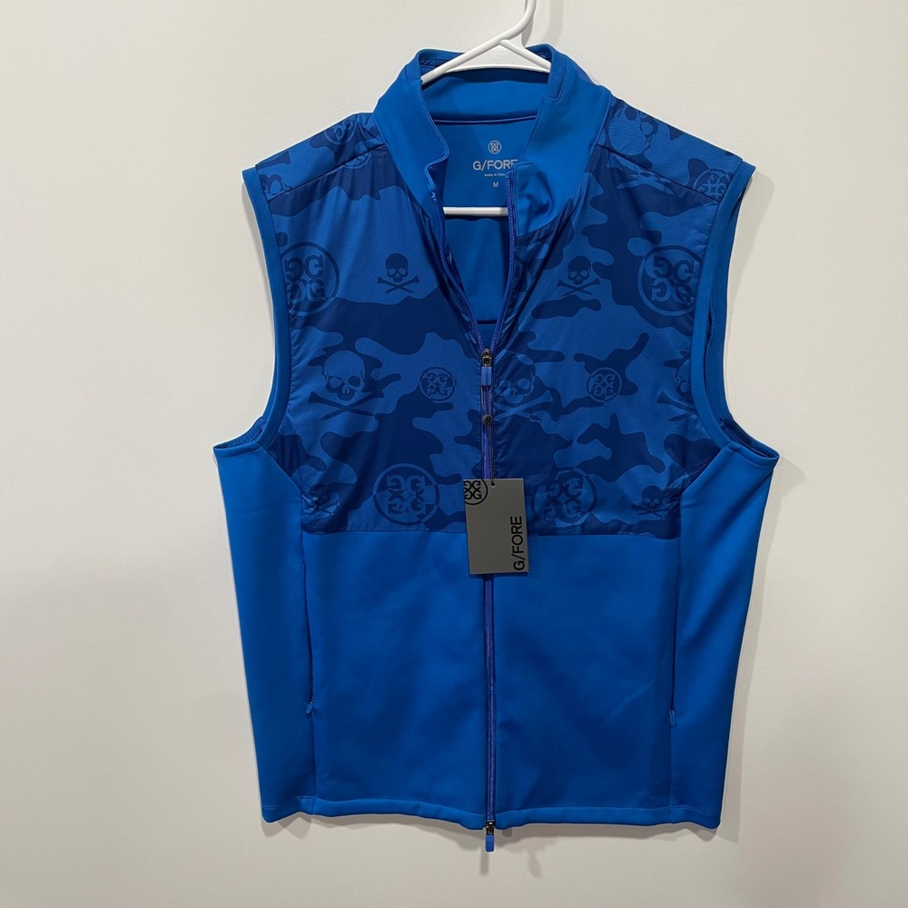 G/FORE Mens Golf Vest Surf Blue Camo Skull & Ts Full Zip Size M NWT
